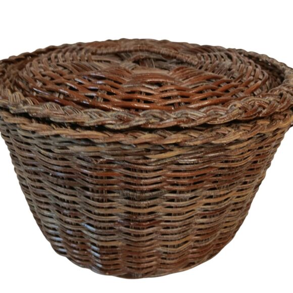 Vintage Wicker Rattan Basket With Lid Reddish Brown 12" x 6" - Picture 7 of 12